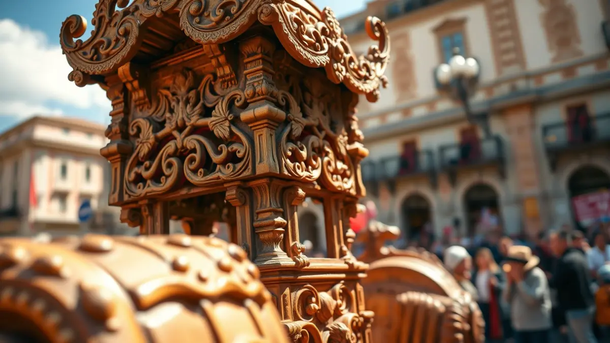 Imatge d'una Roca tradicional del Corpus Christi de València, amb detalls tallats i decorats, i una multitud borrosa al fons.