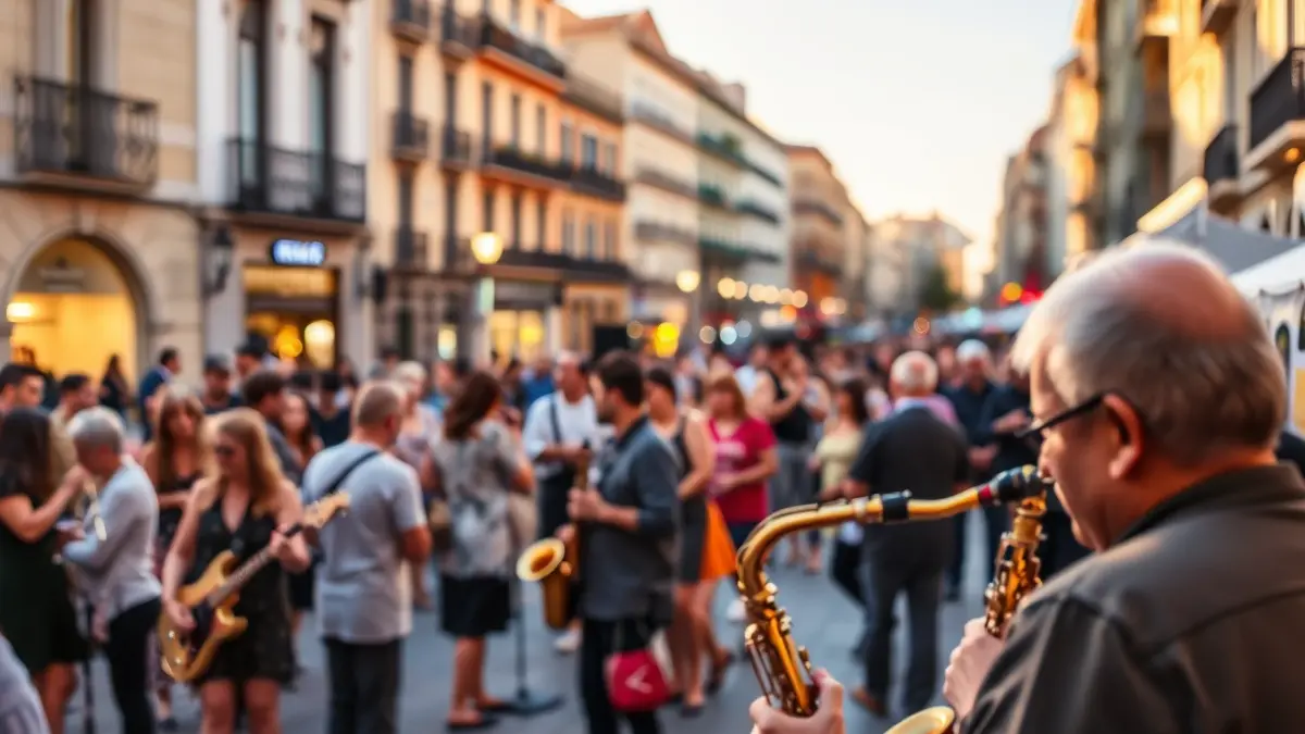 Image of a square in the Canyamelar neighborhood of Valencia with people enjoying live jazz music.
