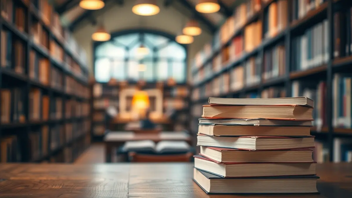 Imagen genérica de libros apilados en una mesa de madera, con un fondo desenfocado de una biblioteca acogedora.