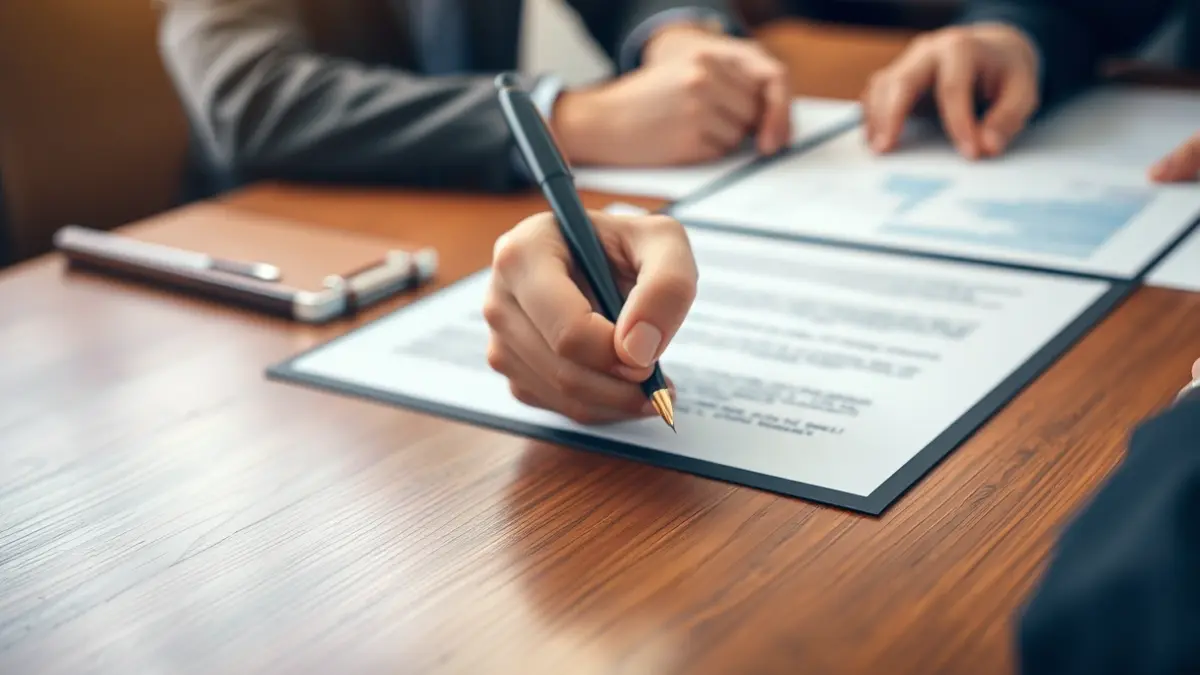 Generic image of a hand signing a document on a wooden desk, with blurred official paperwork and a pen, under warm office lighting.