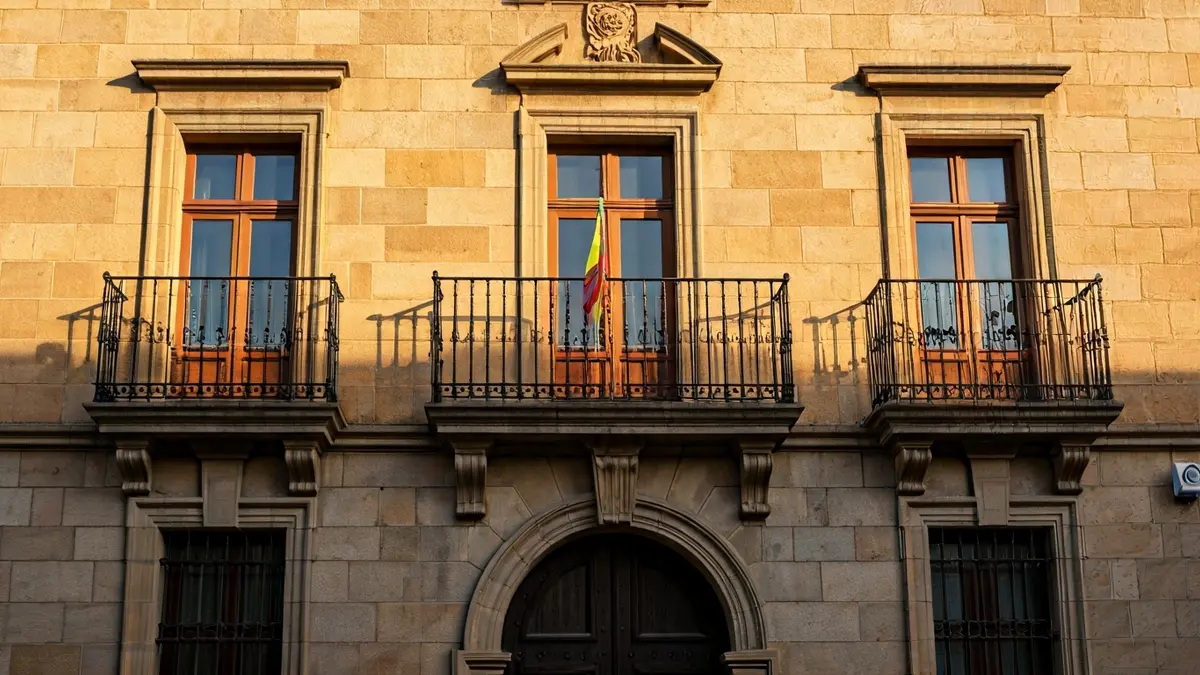 Facade of València City Hall with balcony and iron railings, bathed in afternoon sunlight.