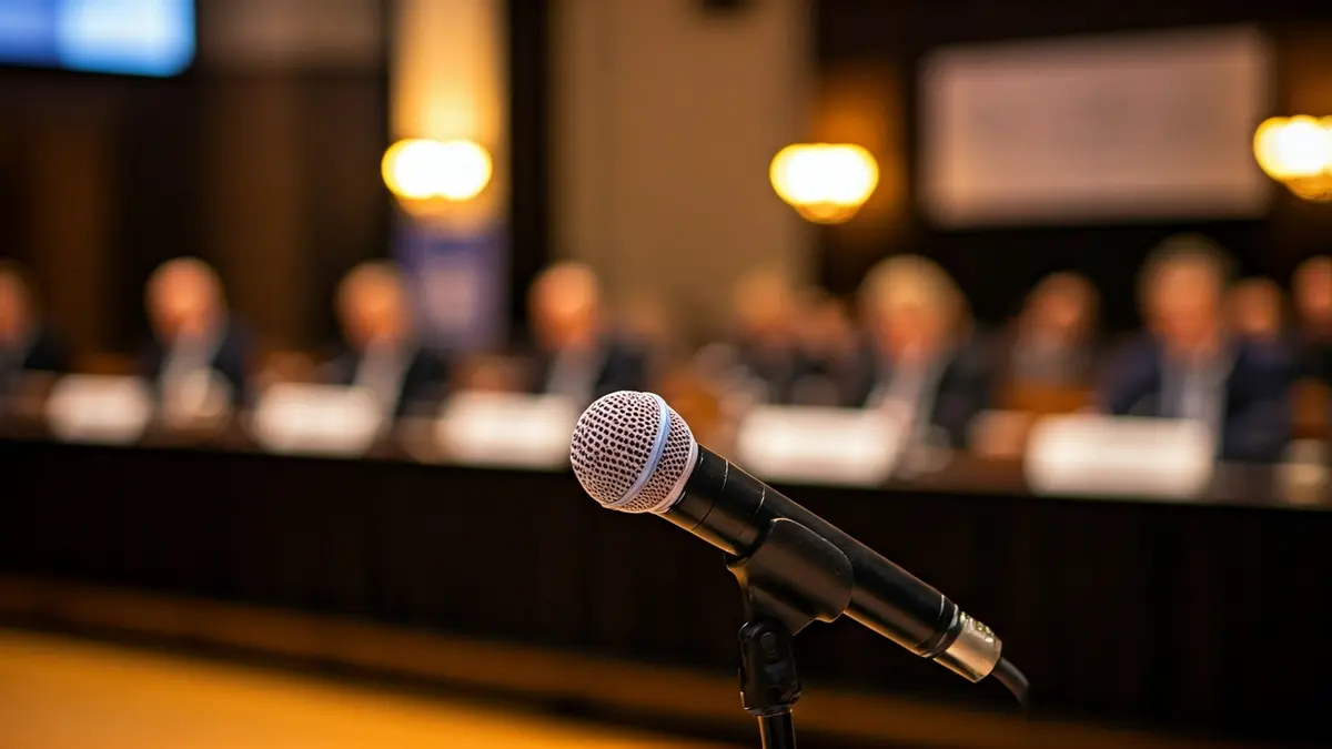 Imatge genèrica d'un micròfon en un faristol durant un congrés.