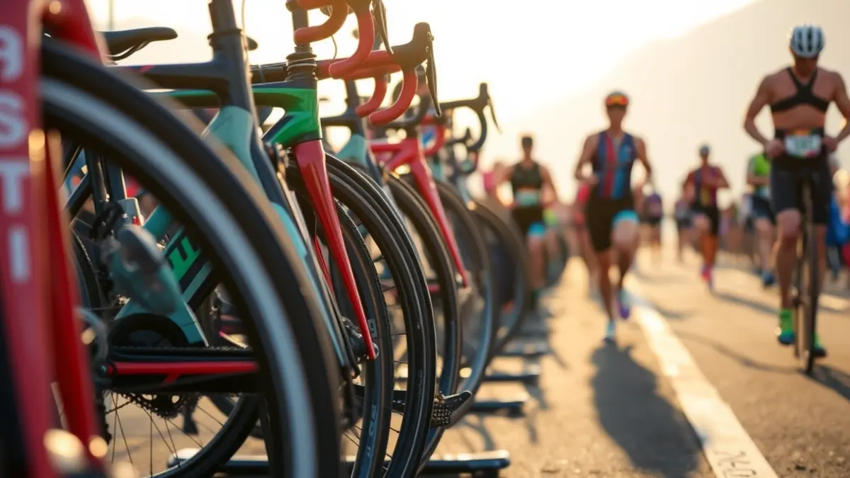 Generic image of a triathlon transition area with bikes and sports equipment.