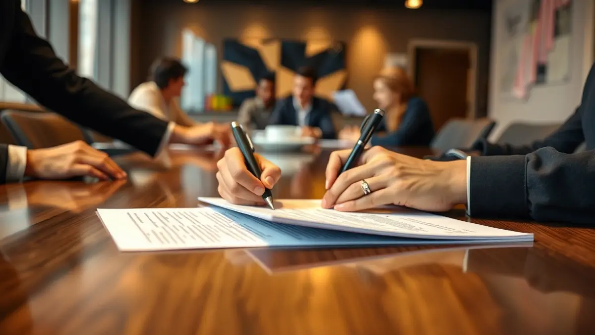 Imatge genèrica de mans signant un document en una taula de conferències, simbolitzant la col·laboració en el sector alimentari.