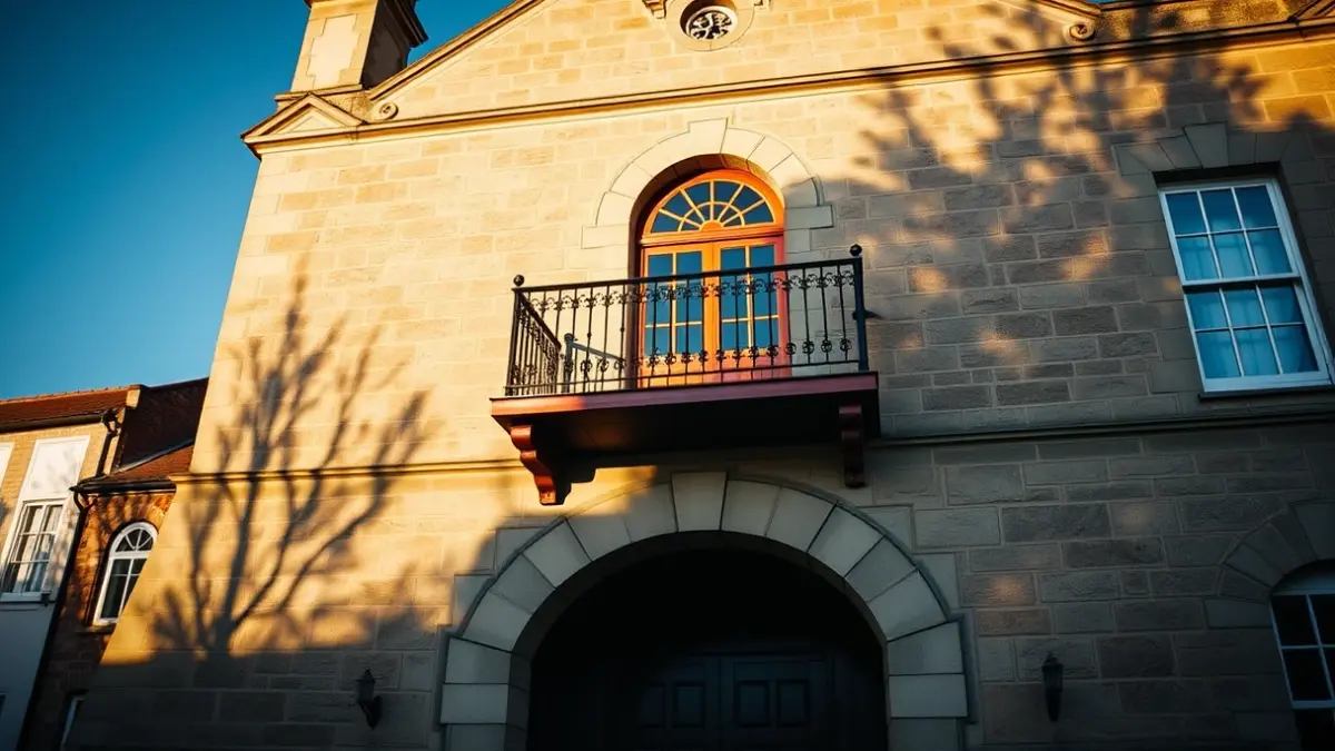Facade of Valencia City Hall with balcony and iron railings, bathed in afternoon sunlight.
