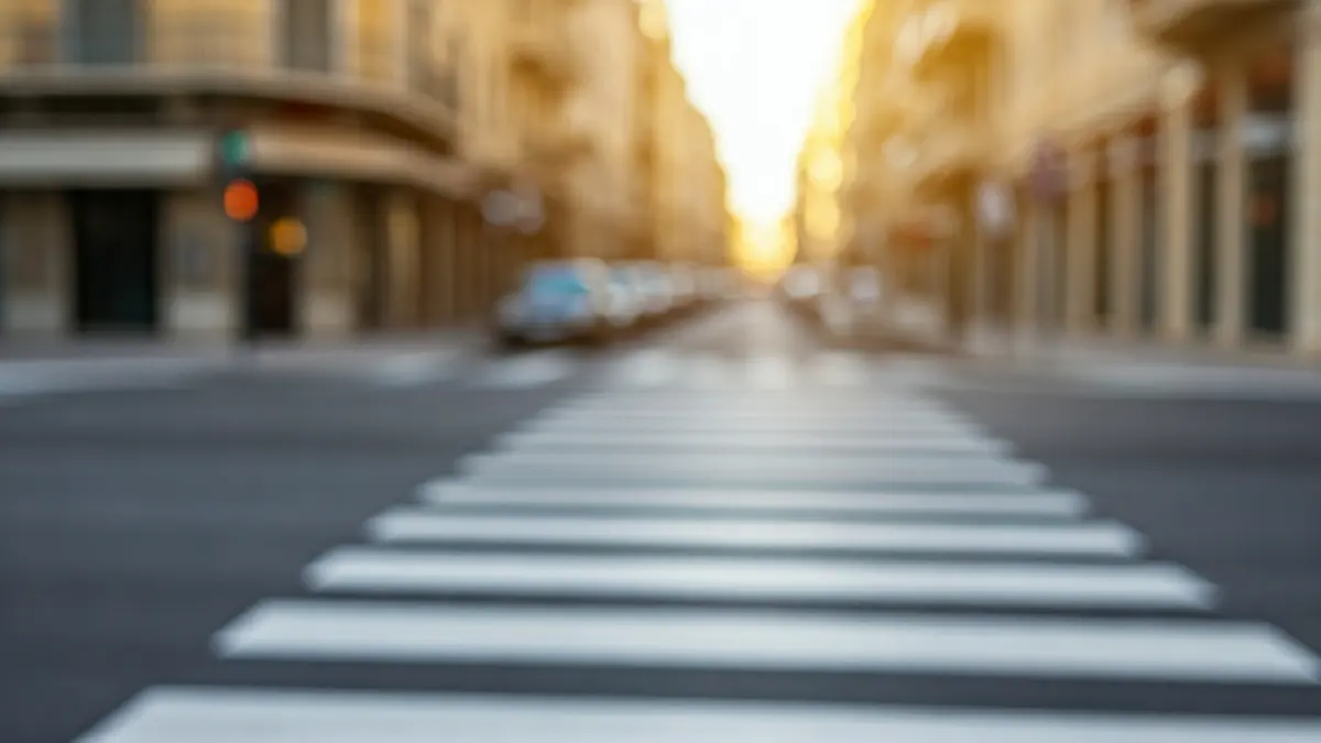 Image of a recently pedestrianized urban intersection in a Mediterranean city, with textured concrete paving and blurred buildings in the background.