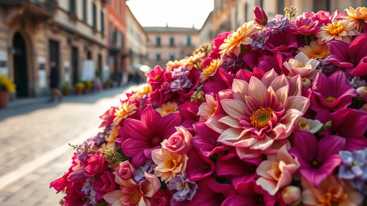 Imagen de un tapiz floral con diseño barroco, elaborado con flores naturales, en una plaza de la ciudad de Valencia.