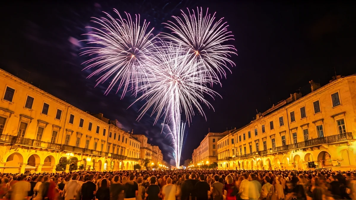 Imatge genèrica d'un espectacle pirotècnic nocturn en una plaça urbana.