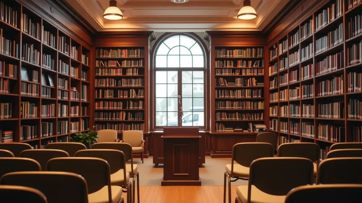 Generic image of a library interior with wooden bookshelves and a microphone on a podium, with warm lighting.