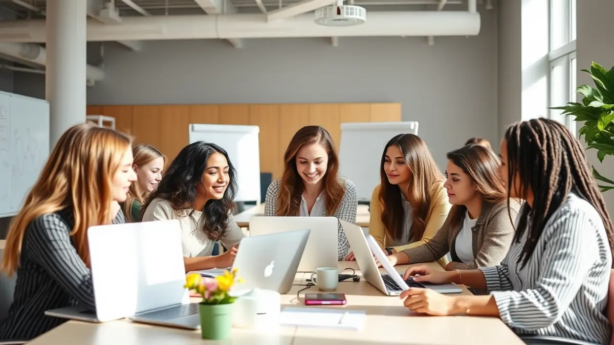 Imatge genèrica de dones emprenedores col·laborant en un espai de treball modern.