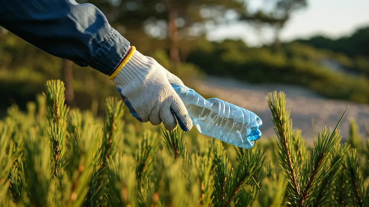 Imatge d'una mà recollint una botella de plàstic entre la vegetació en un parc natural.