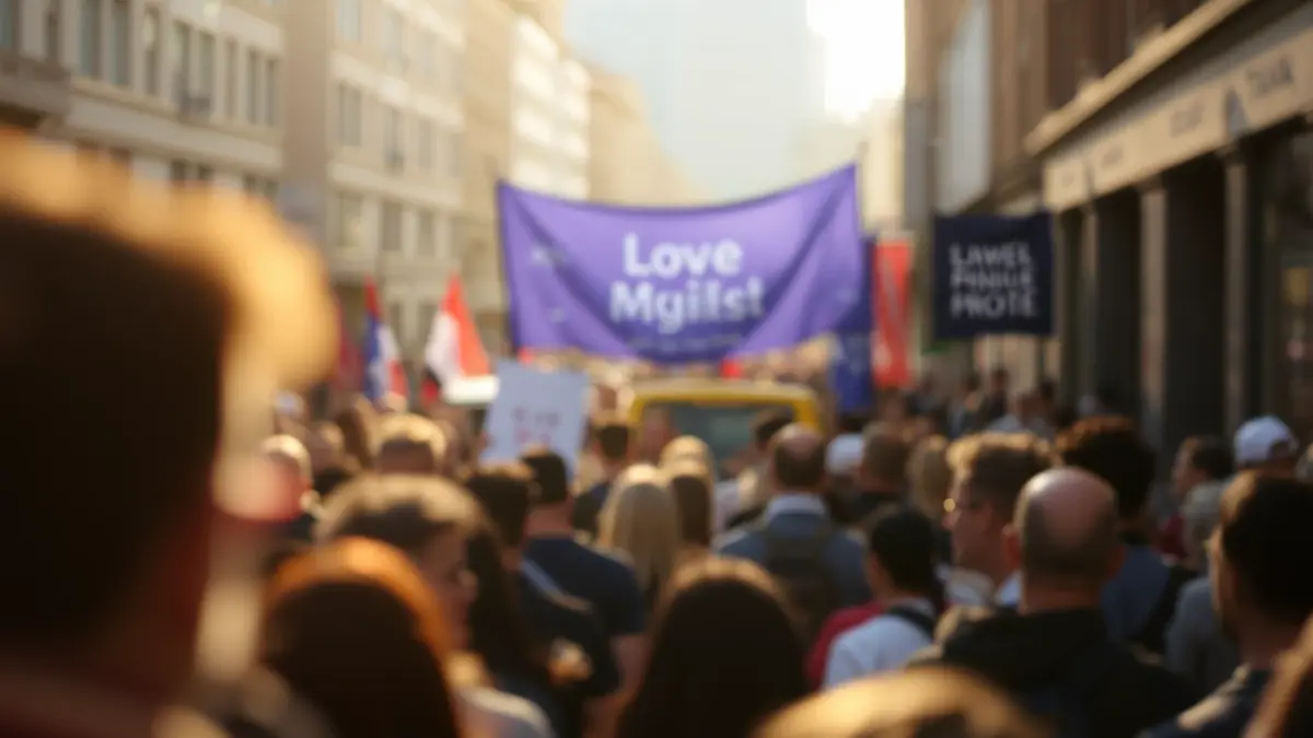 Imatge genèrica d'una multitud en una manifestació en un carrer de la ciutat, amb pancartes borroses al fons.