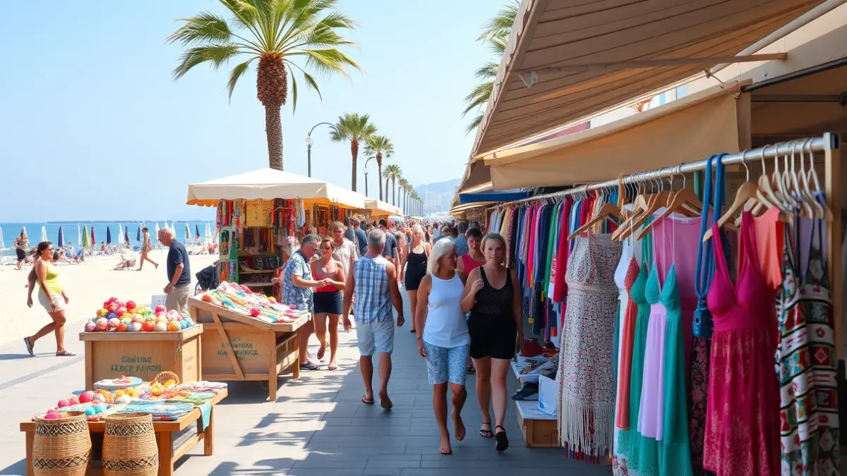 Imagen genérica de un mercado de verano en un paseo marítimo, con puestos de productos artesanales y de playa.