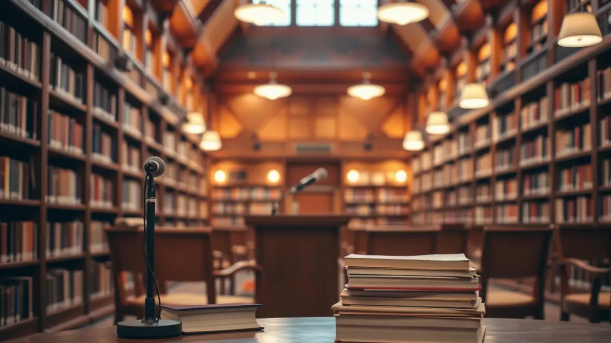 Generic image of a library with books and a podium, representing literary creation.