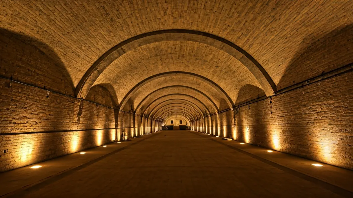 Imatge d'un refugi antiaeri amb parets de ciment i il·luminació tènue.