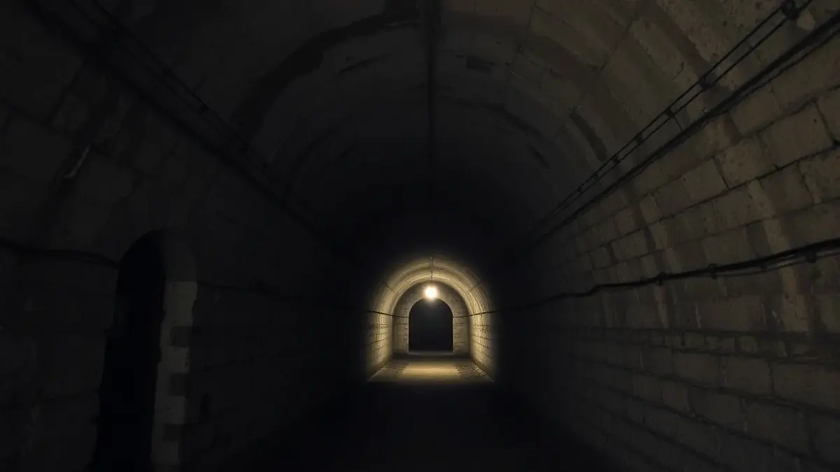 Image of an air-raid shelter with concrete walls and dim lighting.