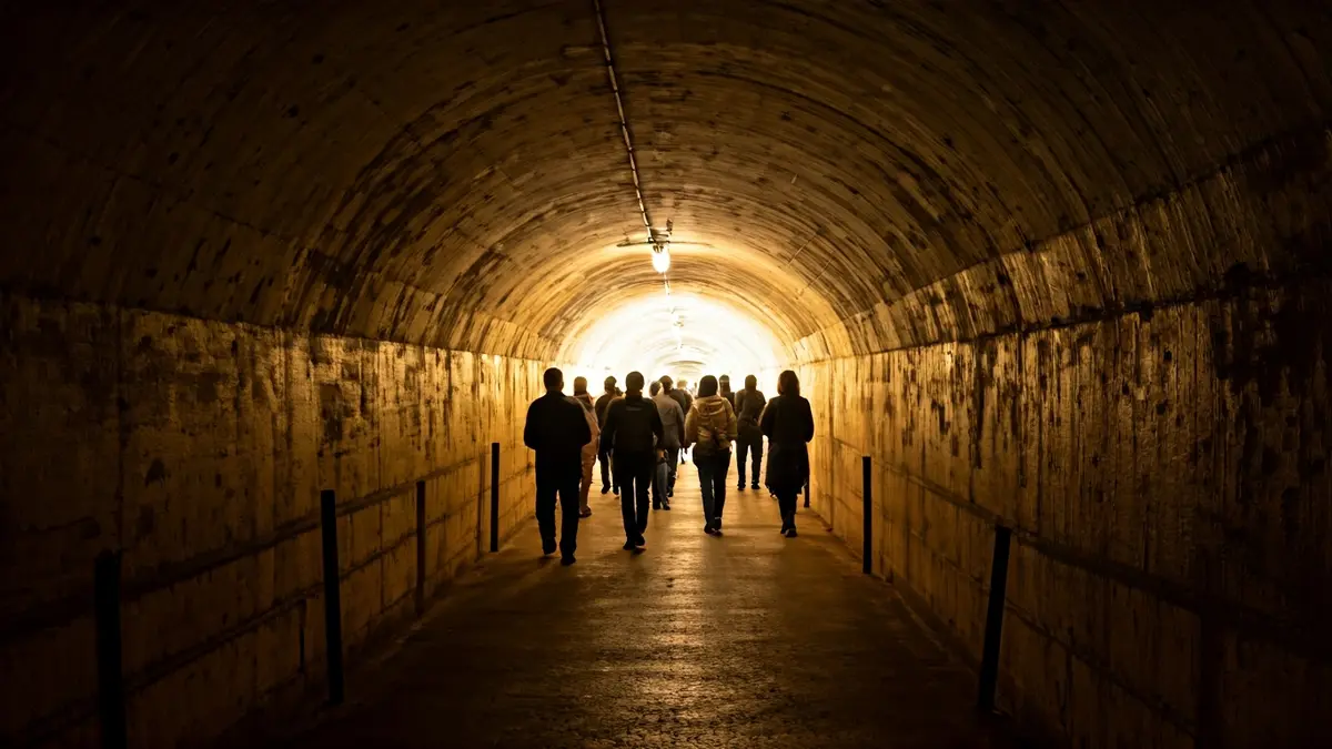 Imagen de un refugio antiaéreo de la Guerra Civil, con una entrada oscura e iluminación tenue.