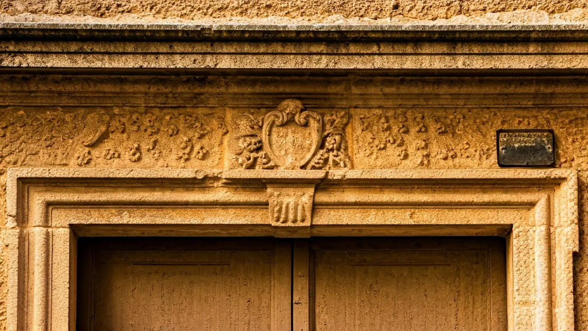 Image of a historic facade with ornate details, illuminated by the afternoon sun.