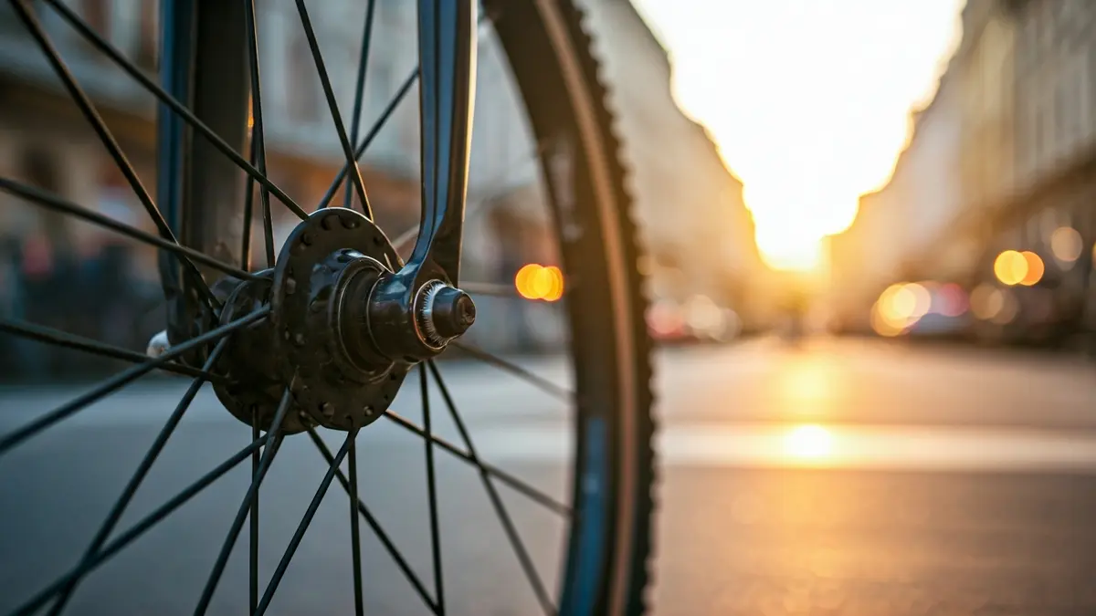 Imatge genèrica d'una roda de bicicleta en un carrer de ciutat, amb llum de matí.