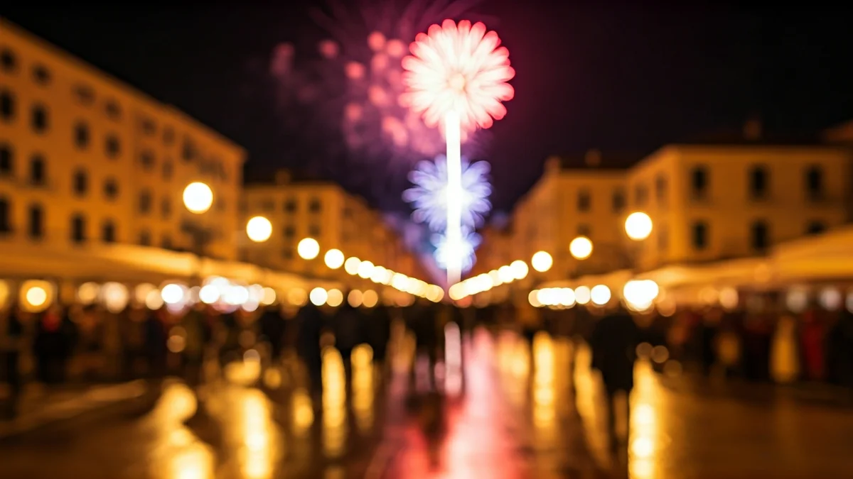 Focs artificials il·luminant el cel nocturn sobre una ciutat costanera mediterrània.