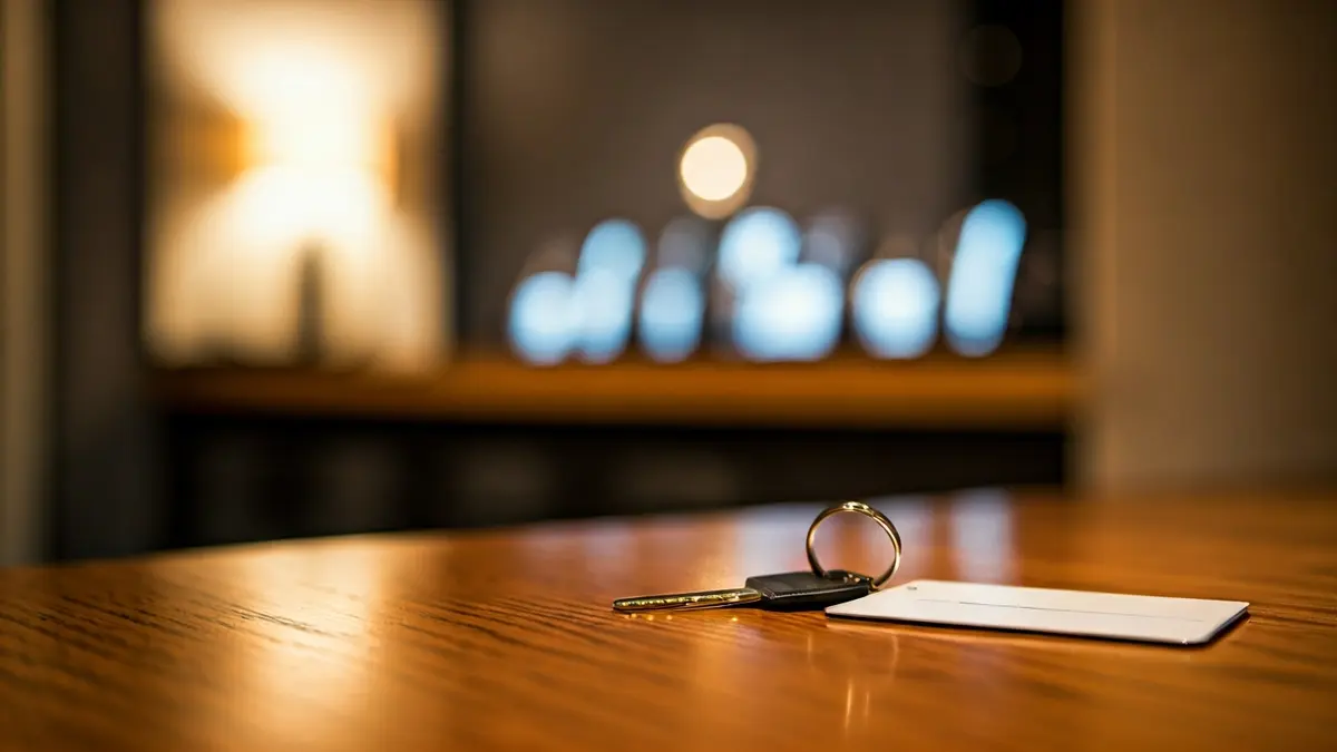 Generic image of a hotel key card on a reception desk, with a blurred background of a modern lobby.