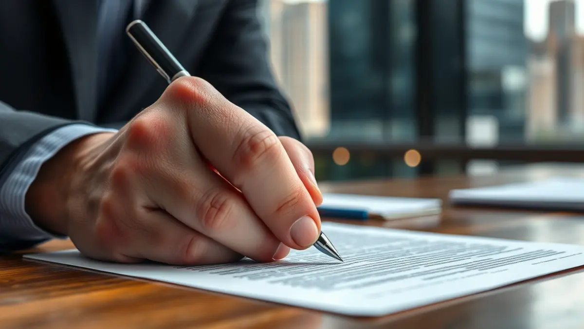 Generic image of a hand signing a document, with blurred urban buildings in the background.