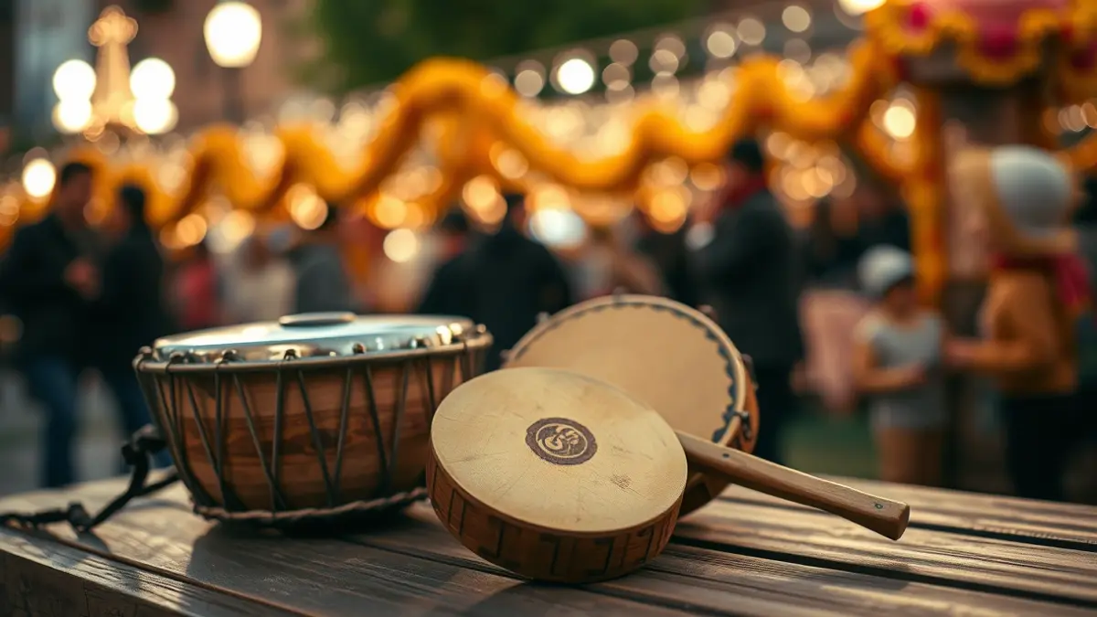 Imatge d'instruments tradicionals valencians, tabal i dolçaina, amb decoració fallera de fons.