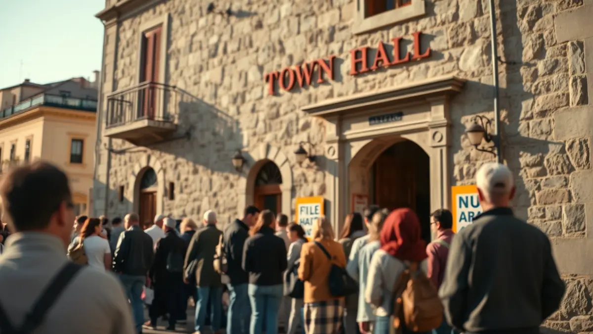 Image of a queue of people waiting in front of a municipal building.