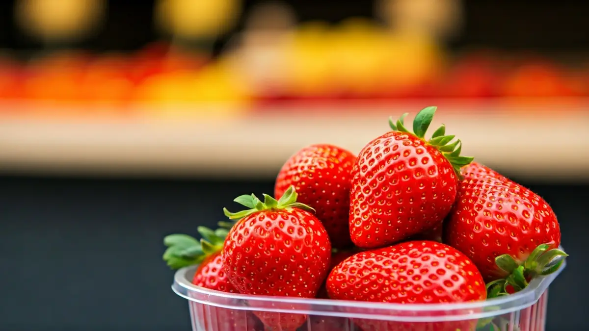 Imagen genérica de tarrinas de fresas frescas en un mercado.