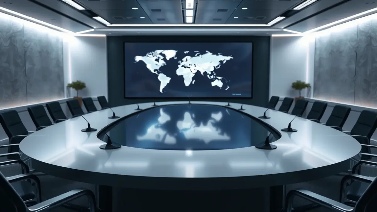 Imagen genérica de una sala de conferencias con micrófonos y una pantalla con un mapa mundial desenfocado, simbolizando la gobernanza global de la IA.