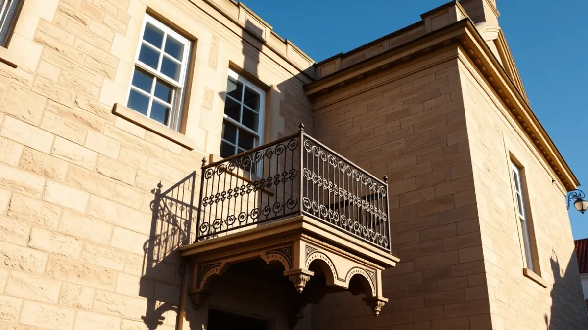 Facade of Valencia City Hall with balcony and iron railings, bathed in afternoon sunlight.
