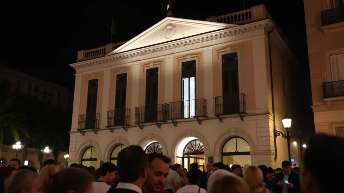 Nighttime image of a traditional Spanish town hall facade with ornate balconies, illuminated by soft streetlights, with a blurred crowd in the foreground, suggesting a public event, in a Mediterranean city.