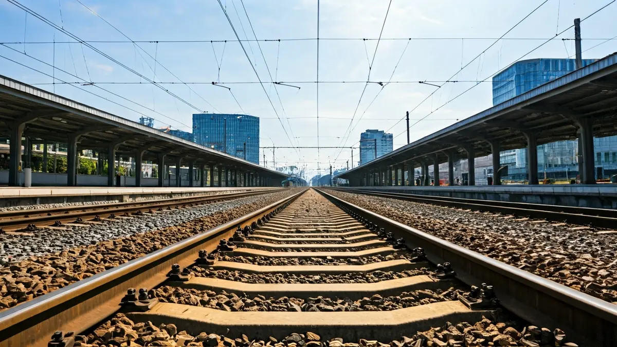 Image of train tracks at València Sud station, with modern buildings in the background.