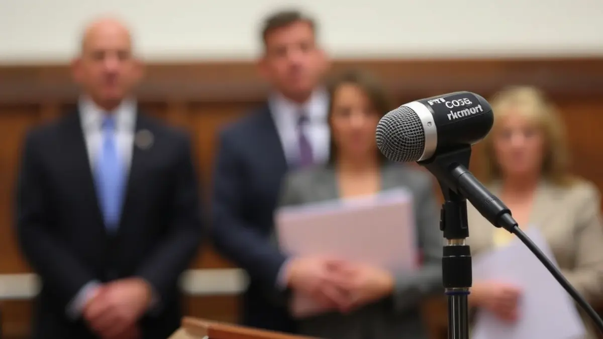 Generic image of a microphone on a podium during a press conference.