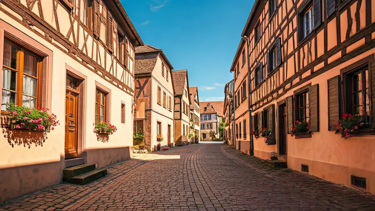 Image of a picturesque Alsatian village street with half-timbered houses and flowers.