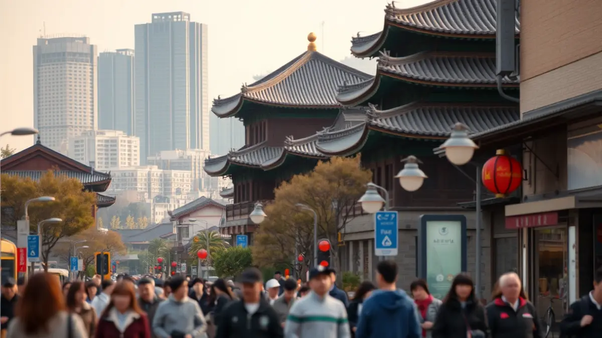 Image of an Asian city with ancient and modern buildings, representing cultural blend.