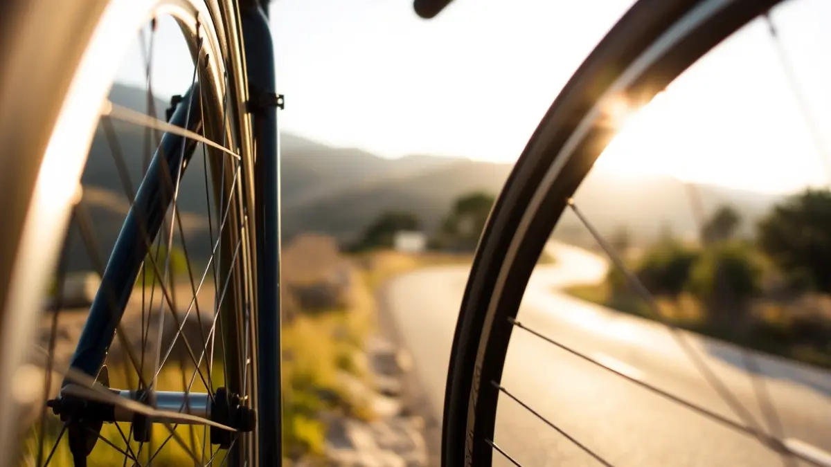 Imatge genèrica d'una roda de bicicleta en una carretera amb un paisatge mediterrani de fons.
