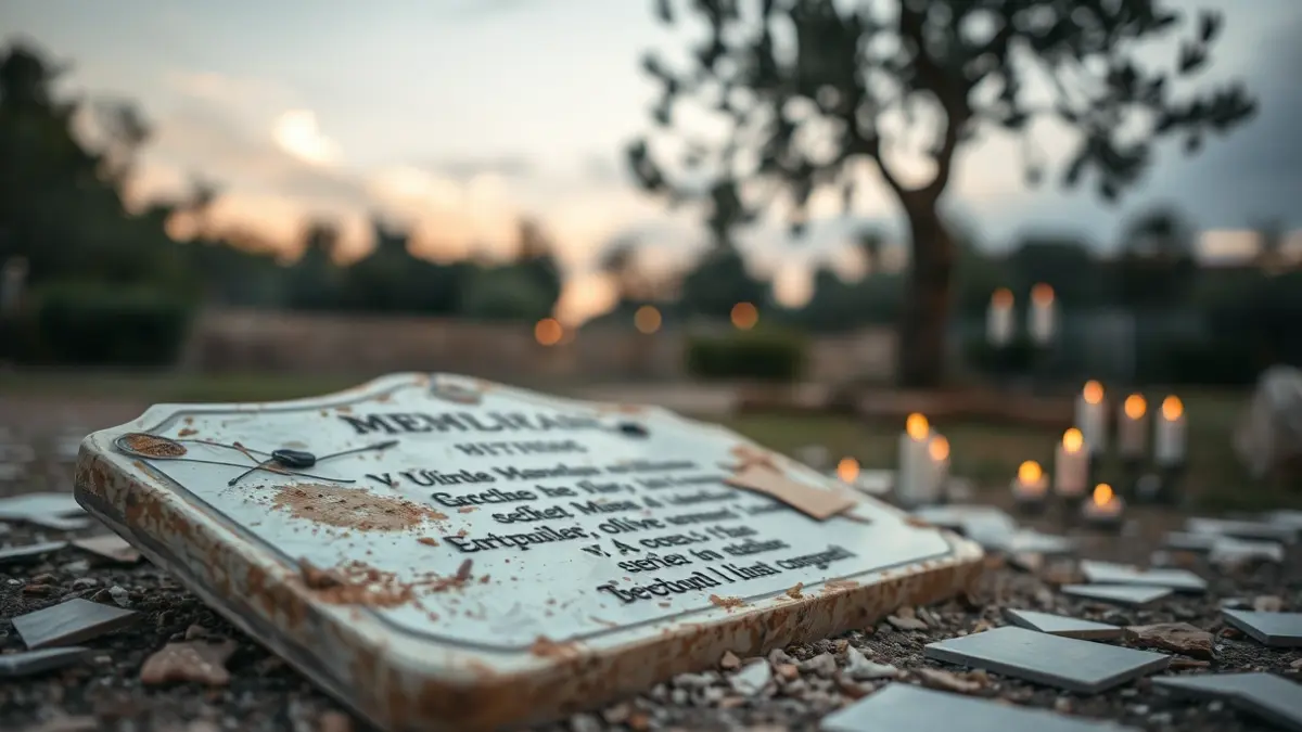 Imagen de un monolito vandalizado en un parque, con la placa arrancada y restos de velas y piedras esparcidas.