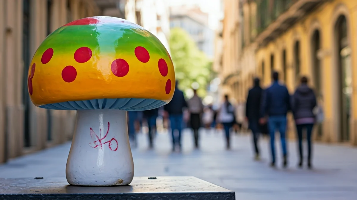 Imatge d'una de les escultures de bolets de la carrer de les Setas d'Alacant amb un grafit.