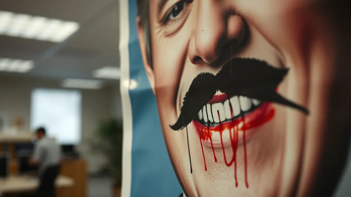 Image of a vandalized political poster with a drawn mustache and stained teeth.