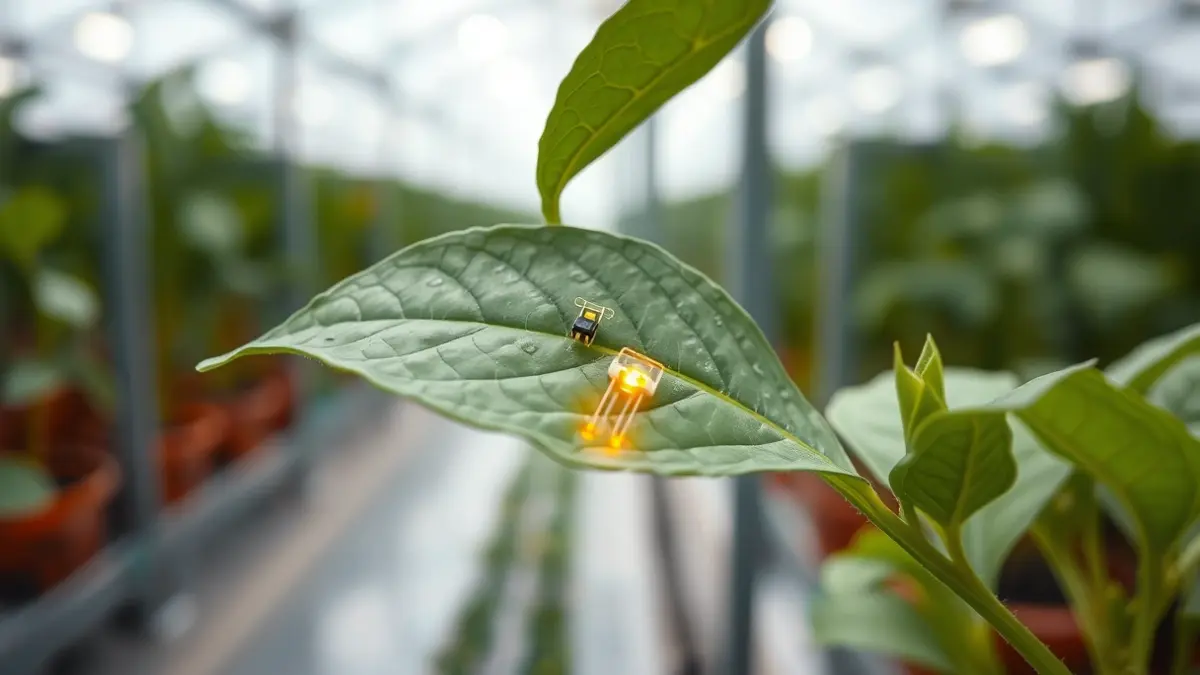 Imatge genèrica d'una fulla de planta amb biosensors, representant la biotecnologia agrícola.