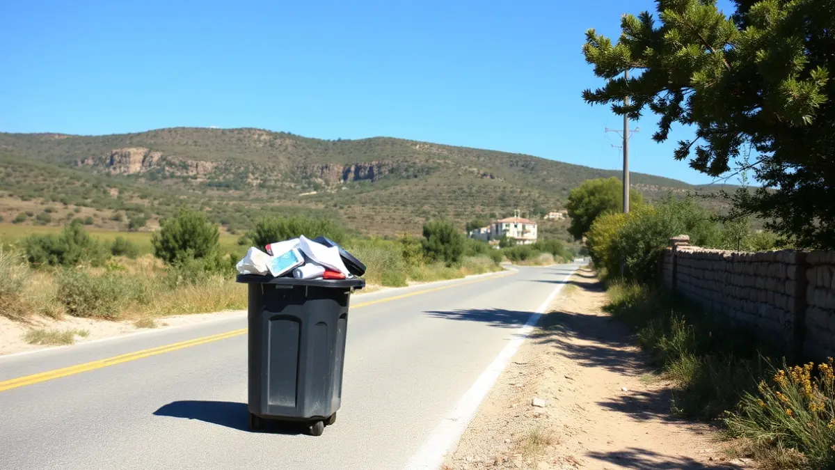 Generic image of an overflowing waste bin in a rural area, symbolizing lack of service.