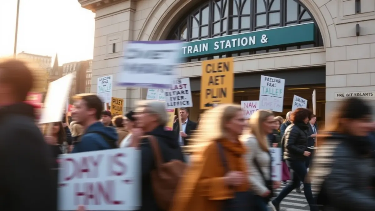 Image of a neighborhood protest in front of a train station, with banners and movement.