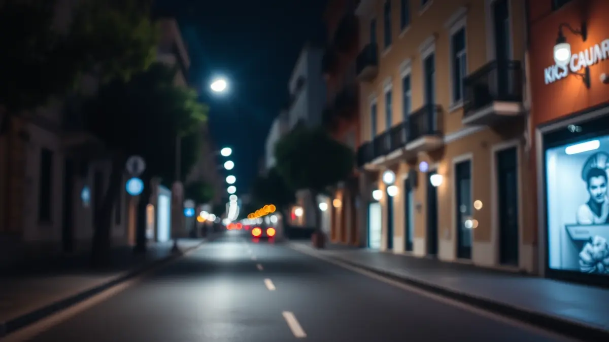 Imagen genérica de una calle vacía de noche en una ciudad mediterránea, con luces borrosas y fachadas de edificios.