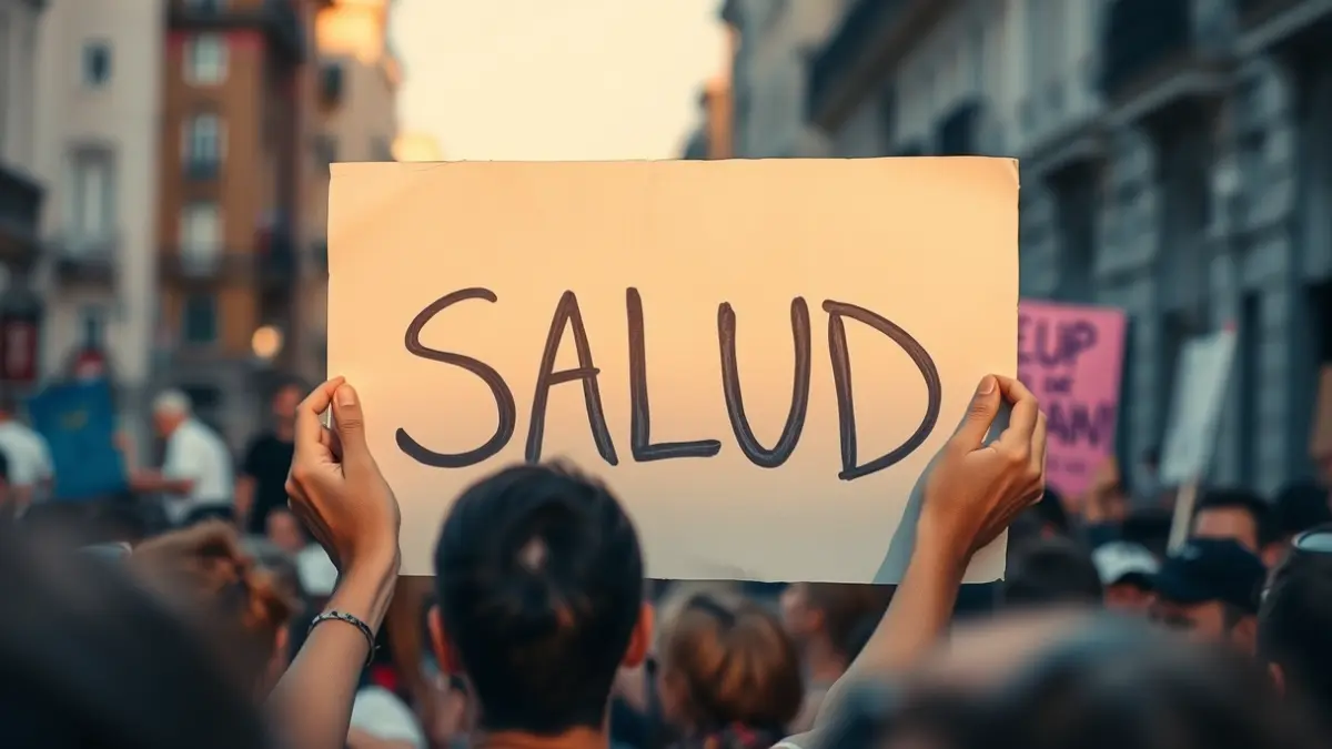 Imatge genèrica d'una pancarta de protesta amb la paraula 'SALUT' en un entorn urbà mediterrani.