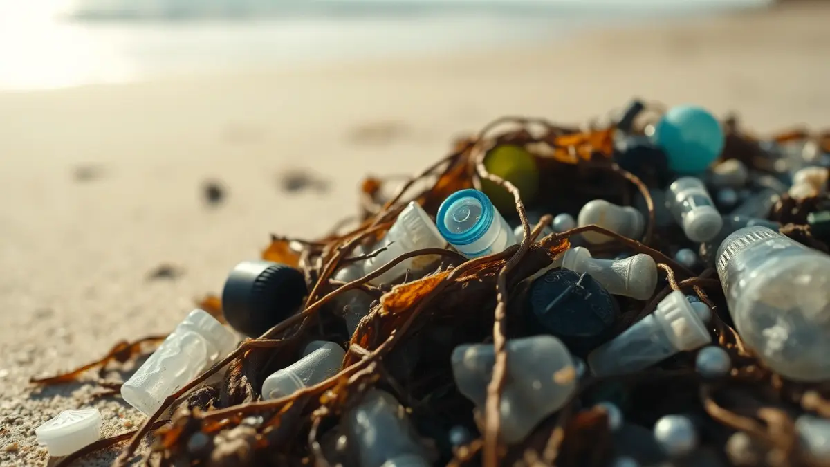 Imatge genèrica de plàstics i residus en una platja, amb algues seques i el mar de fons.