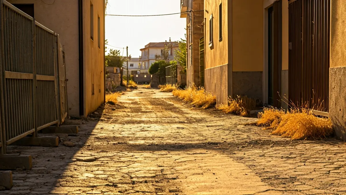 Imatge d'una carrer estret amb obstacles i restes de construcció en una localitat mediterrània.