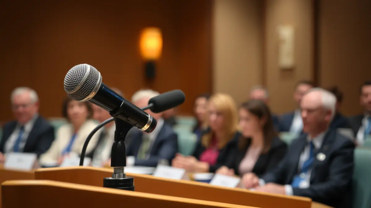 Imatge genèrica d'un micròfon en un faristol, simbolitzant el diàleg i el debat públic.