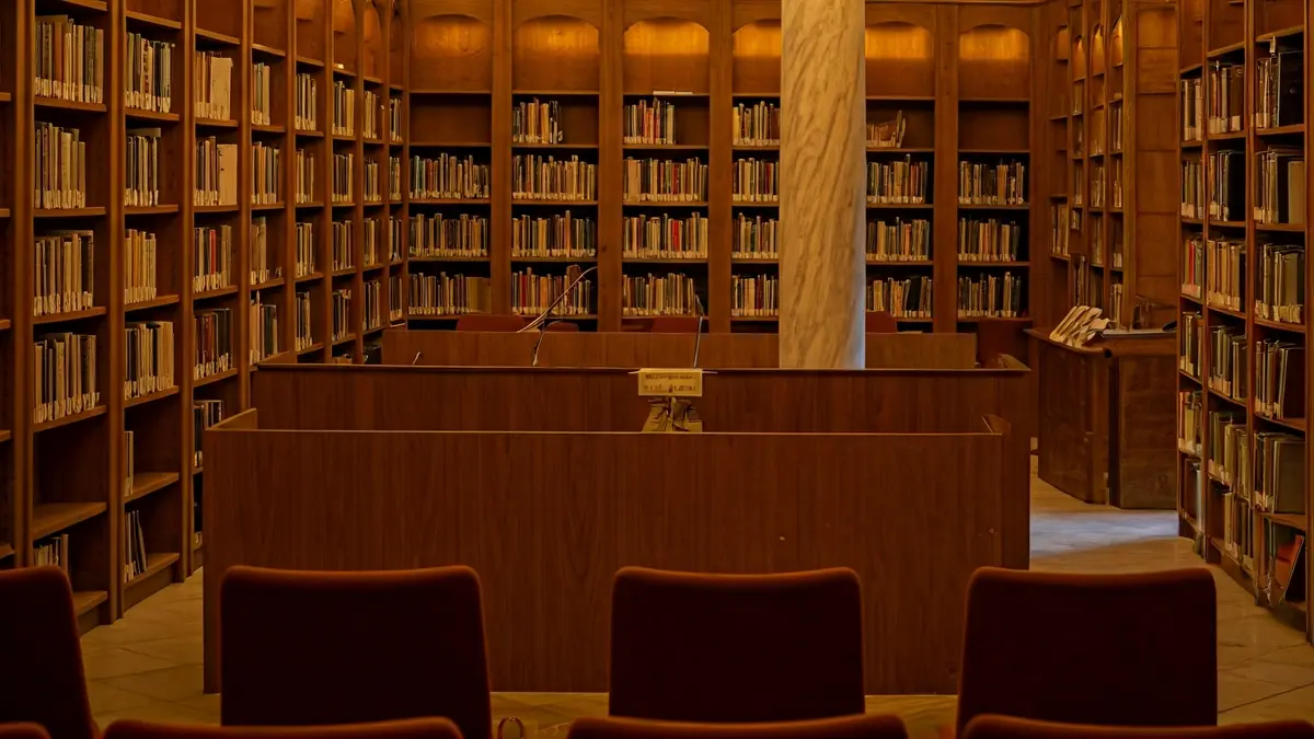 Generic image of an auditorium or projection room with a microphone on an empty podium, with empty chairs and warm lighting.