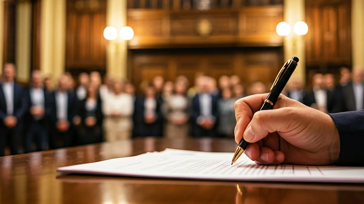 Image of a hand signing a document on a wooden desk, with a blurred background of a Valencian town hall interior.